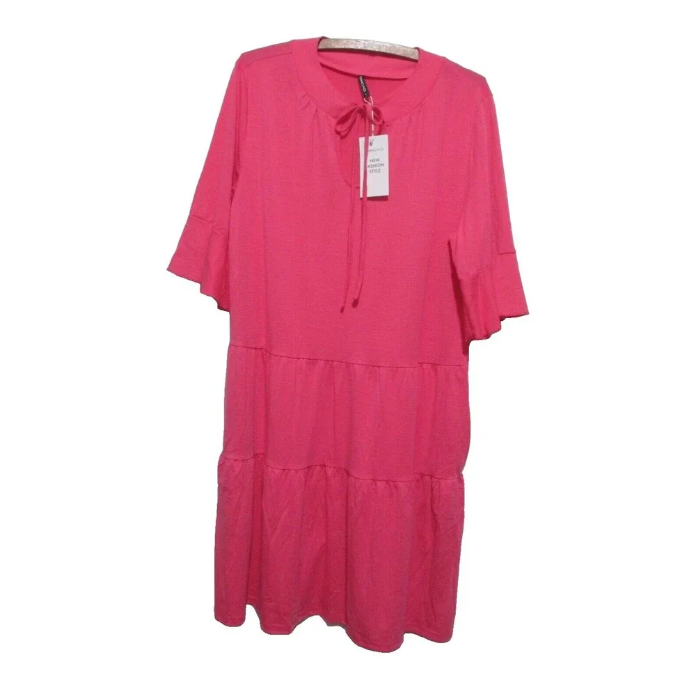 NWT QINCAO Pink Dress Size L Ruffle Sleeve Tiered - Picture 1 of 8